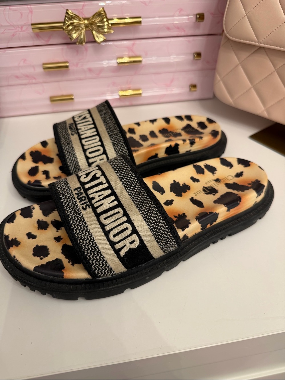 Leopard Print Slide Sandals in Black and Tan